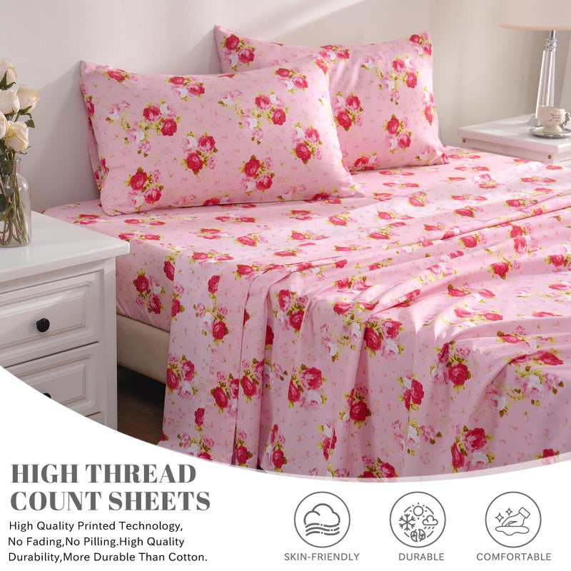 Bedlifes Queen Sheet Set Ultra Soft, Breathable, Silky Flower Deep Pocket 100% Microfiber Bedding, 4 Piece Queen Size Pink Floral(Red Rose) - Image 3